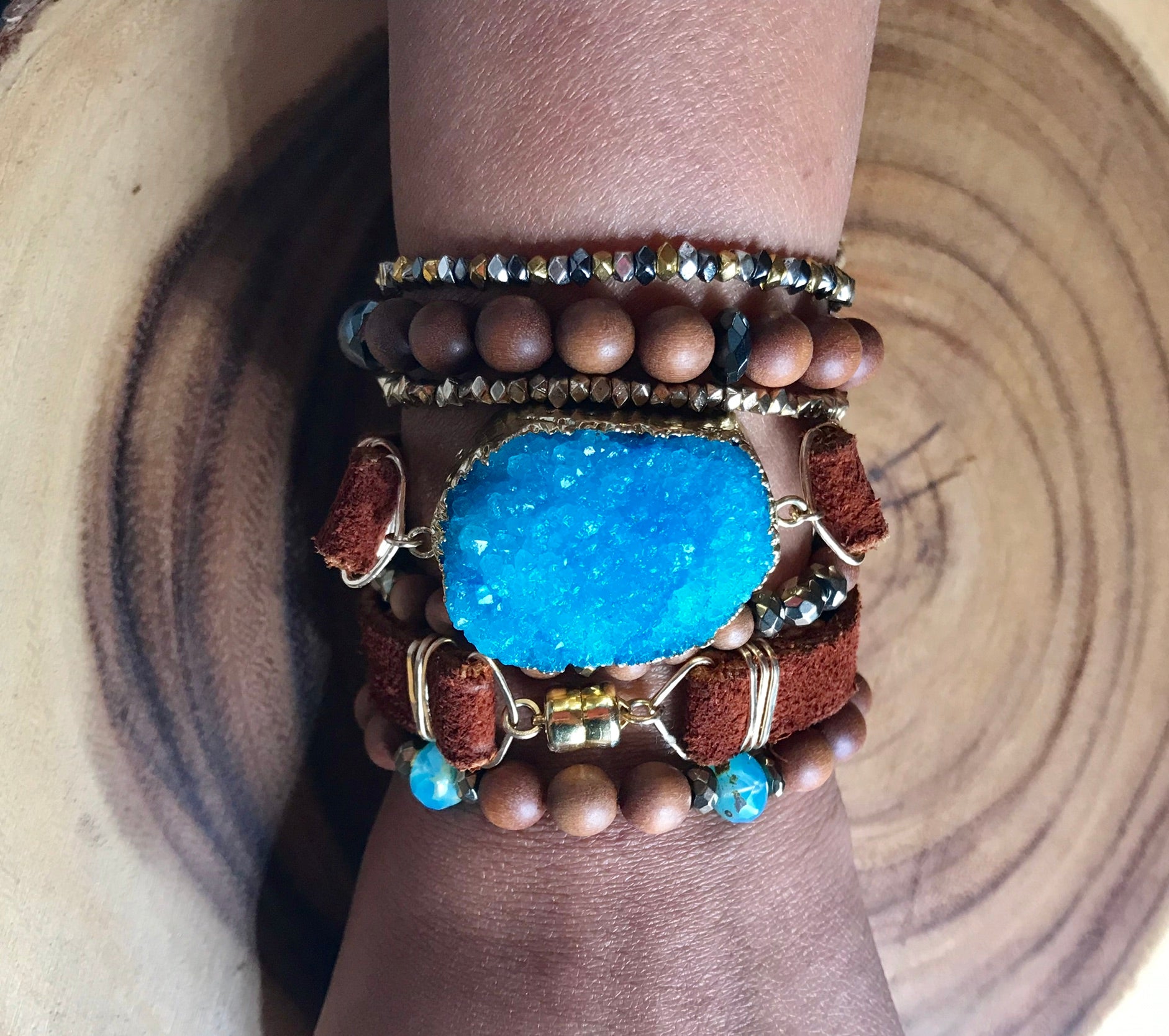 Druzy N' Leather Wrap Bracelet/Choker